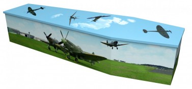 Battle of Britain Carboard coffin Manchester photo of a cardboard coffin with spitfire design
