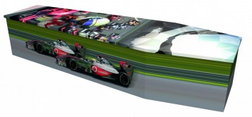 photo of a cardboard coffin with racing car design