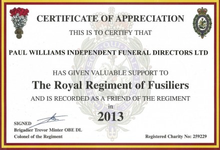 Certificate from the Royal Regiment of Fusiliers